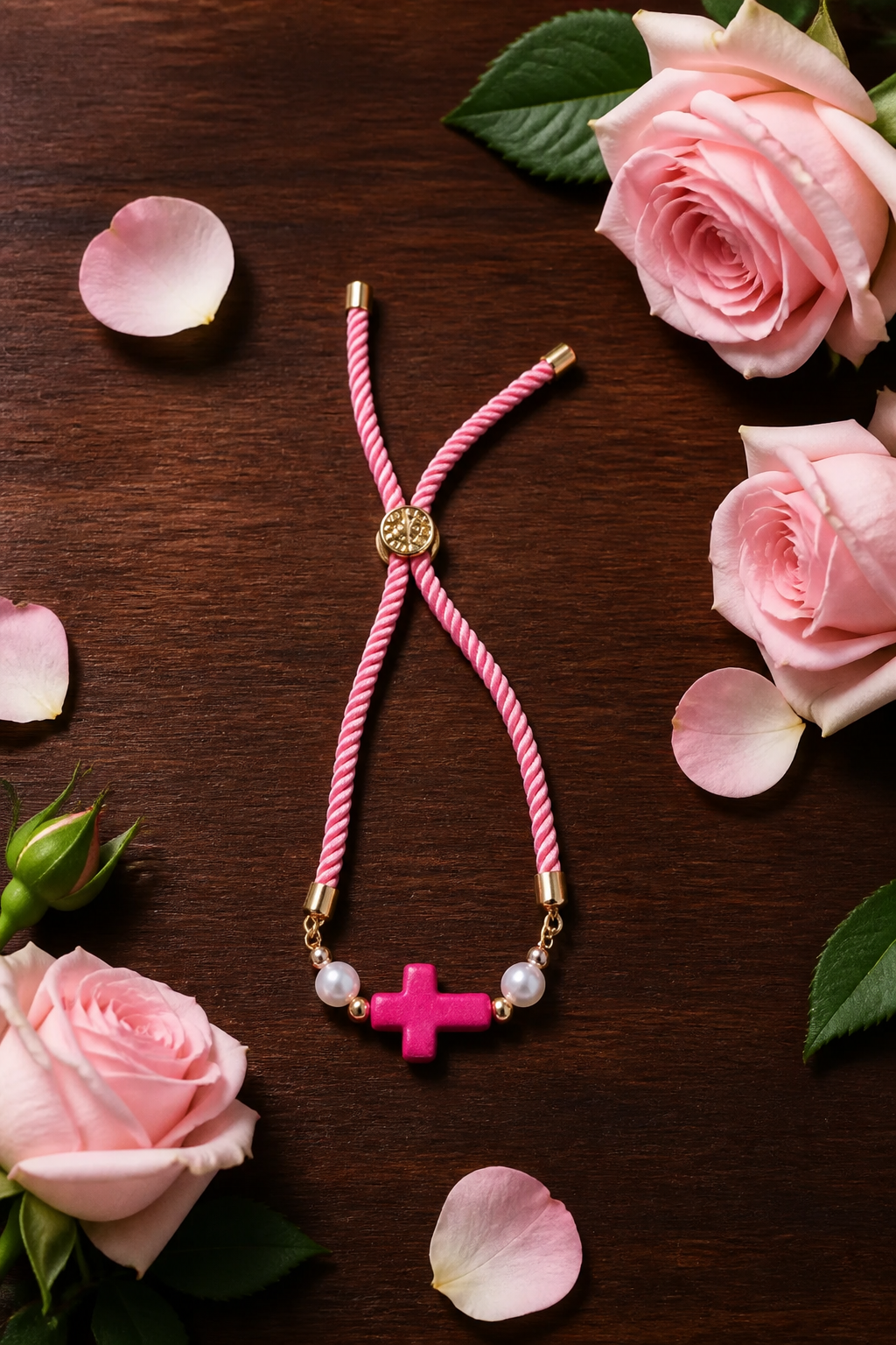 Pulseras en cordón rosado con cruz