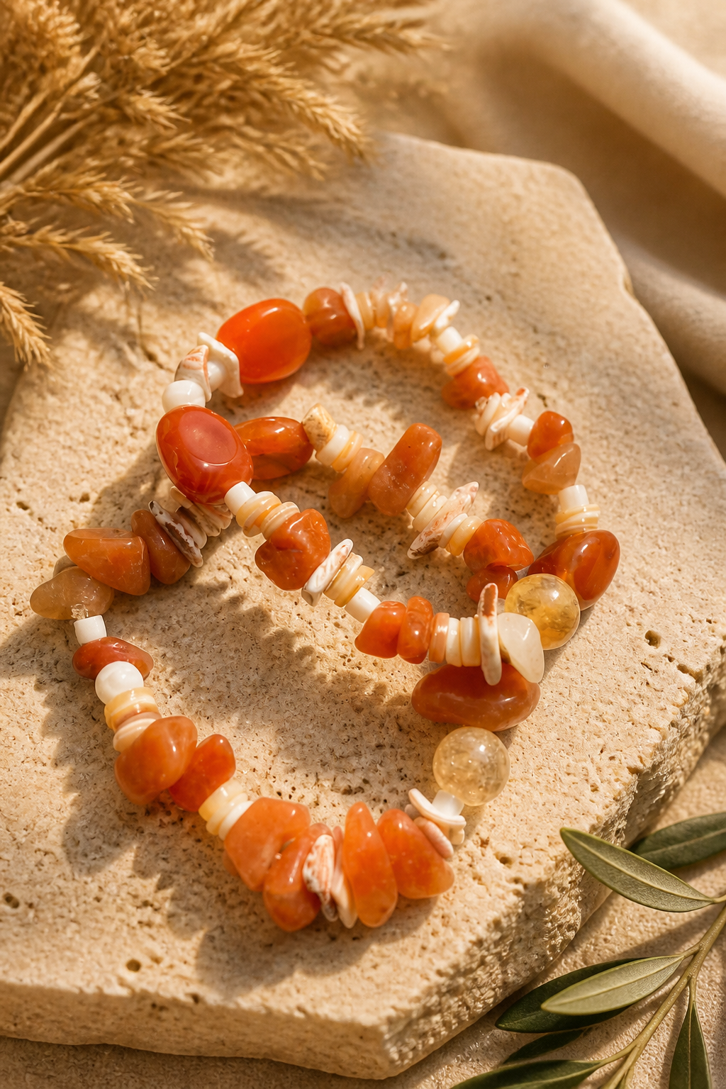 Pulseras de piedras Ámbar, coral y conchas marinas