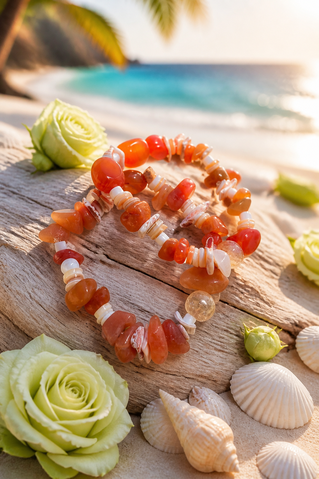 Pulseras de piedras Ámbar, coral y conchas marinas