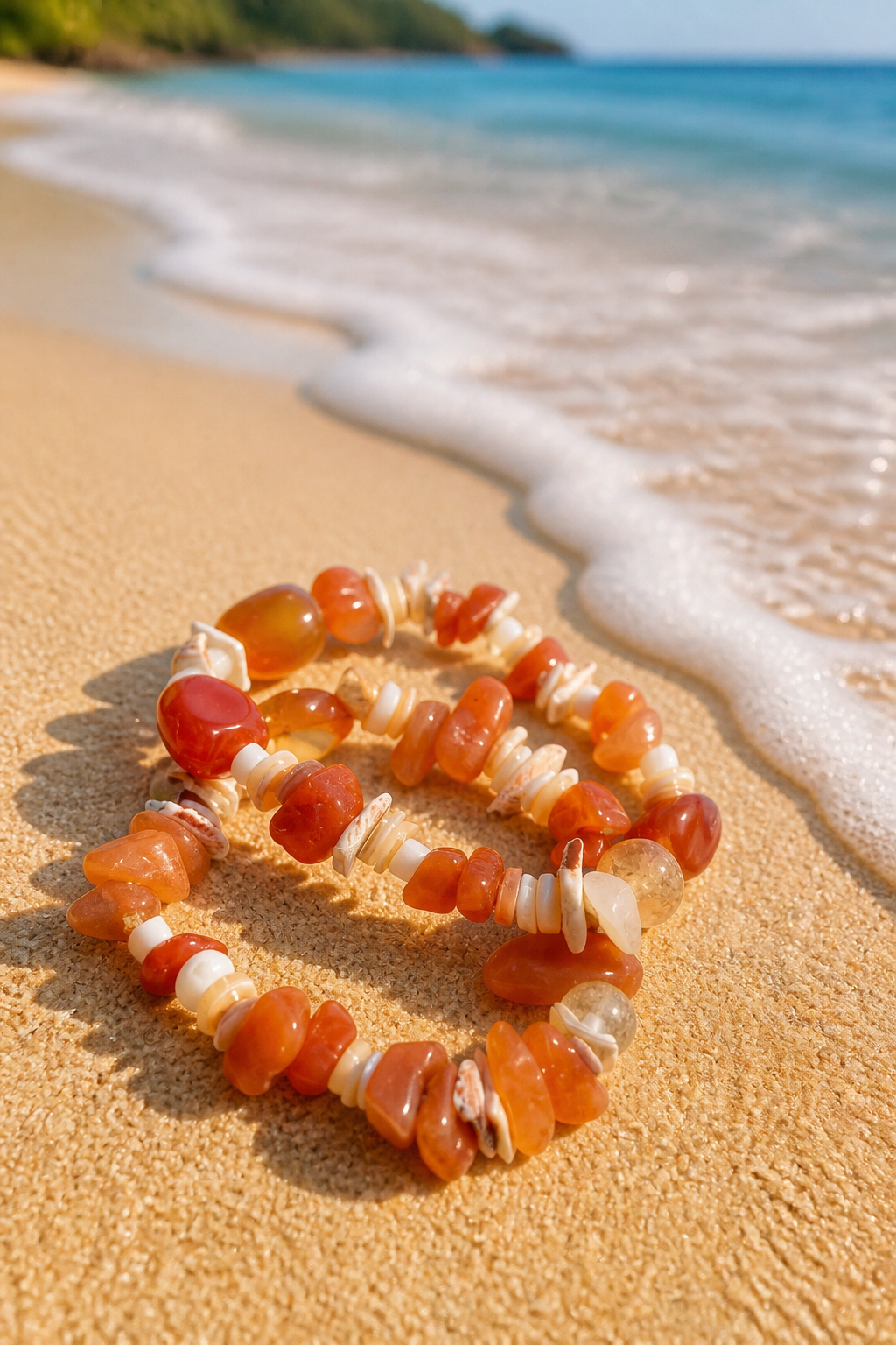 Pulseras de piedras Ámbar, coral y conchas marinas